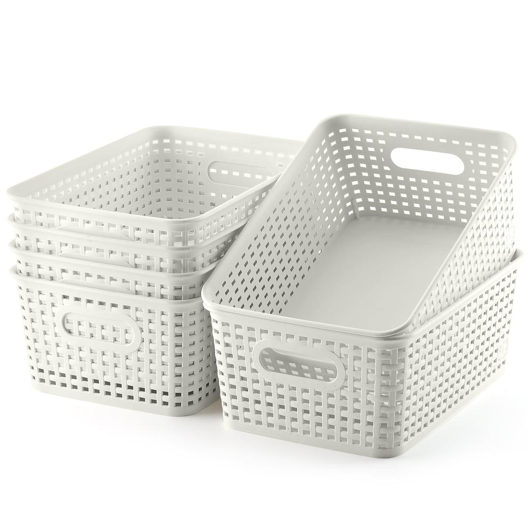 Plastic Storage Baskets Set of 6 Sturdy Pantry Organizers and Storage Bins Storage Container for Shelves, Countertops, Desktops, Cabinets, Bedrooms,White