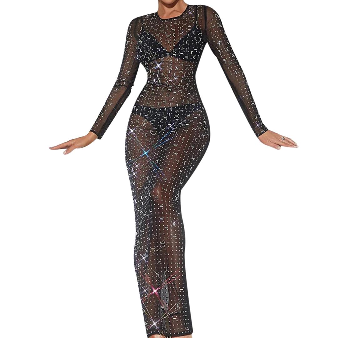 Women's Mesh Rhinestone Cover Up Dress Sparkle Beach Swimwear Bikini Bathing Suit Coverups Sheer Maxi Dresses