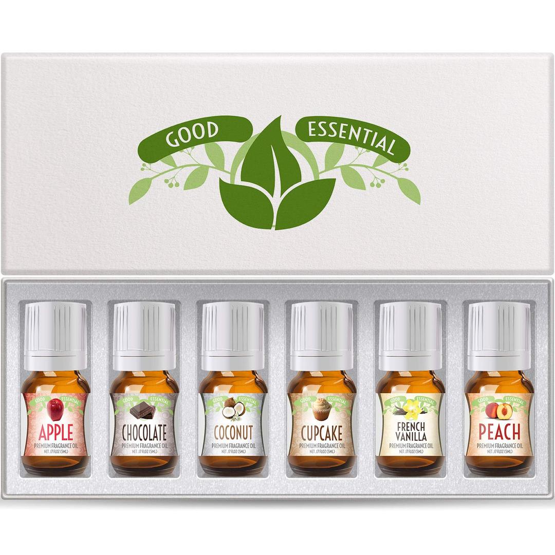 Good Essential Fragrance Oils - Set of 6 Scented Oils, Apple Chocolate Oil Coconut French Vanilla Oil Peach Cupcake Oil Aromatherapy, Perfume, Candles, Slime, Lotions - Fragrance Oils for Soap Making