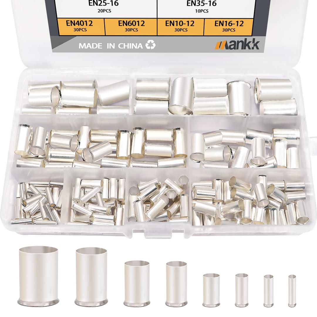 mankk166 Pcs Wire Ferrules Kits Silver Plated Copper Crimp Terminal Connector 8 Sizes AWG (1/0 2/0 2 4 6 8 10 12) Sleeves Insulated Cord Pin End Terminal M-020