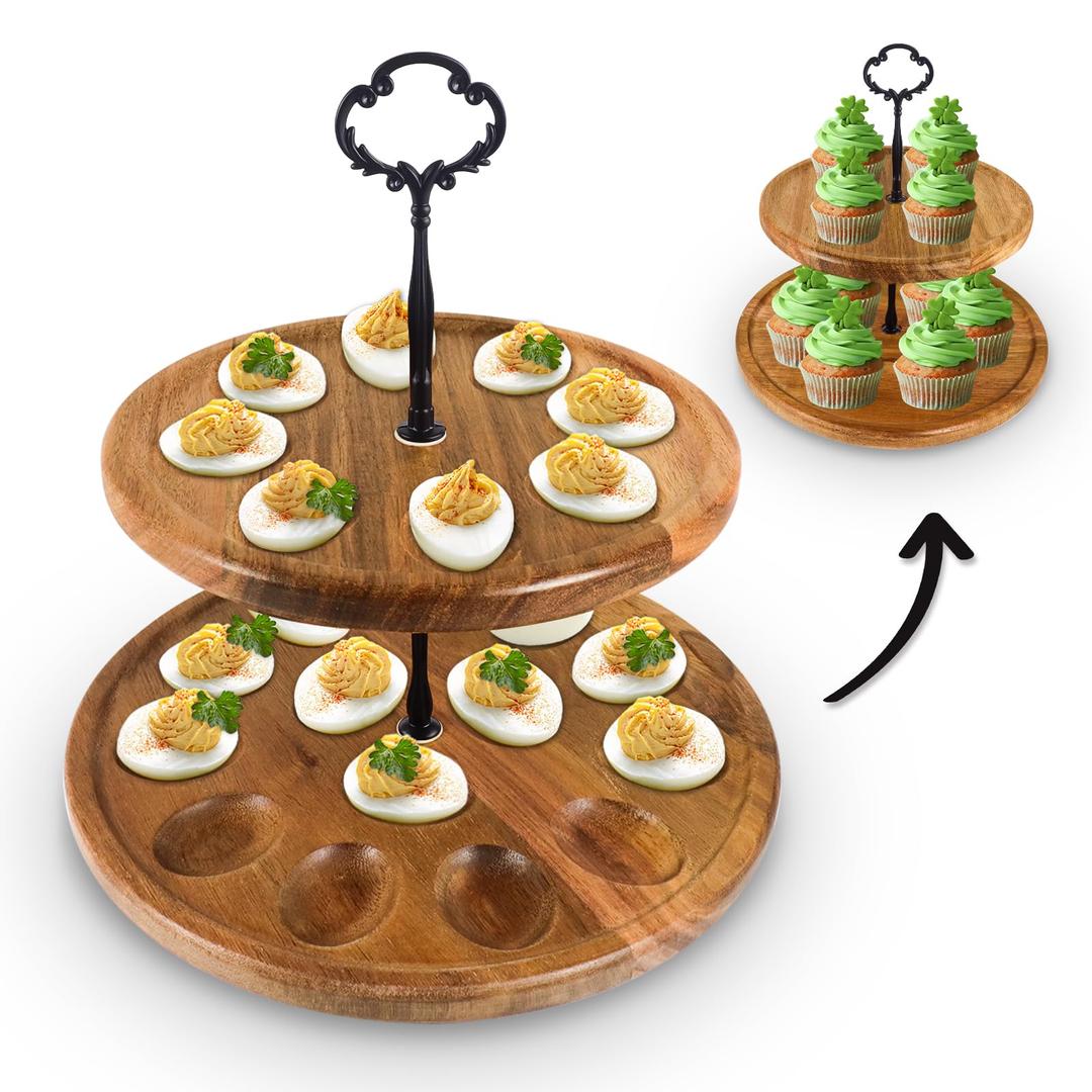 HonitraDeviled Egg Platter, 22 Holes Deviled Egg Tray for Deviled Eggs, Double Layer Deviled Egg Holder & Cupcake Stand, Wooden Deviled Egg Platter & Deviled Egg Plate for Thanksgiving, Christmas