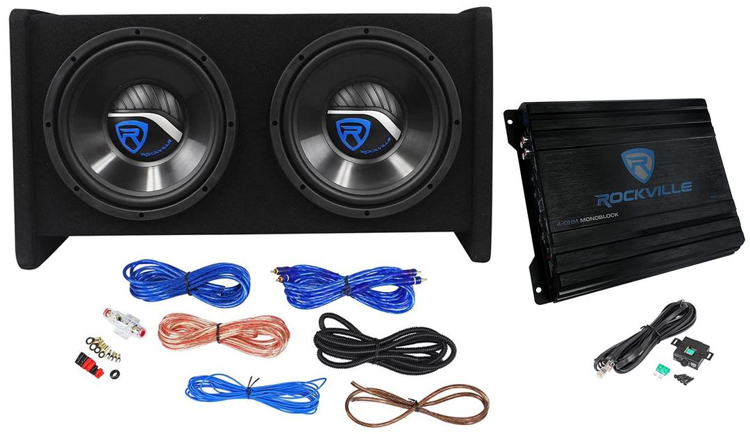 RockvilleRV10.2B 1000w Dual 10" Car Subwoofer Enclosure+Mono Amplifier+Amp Kit