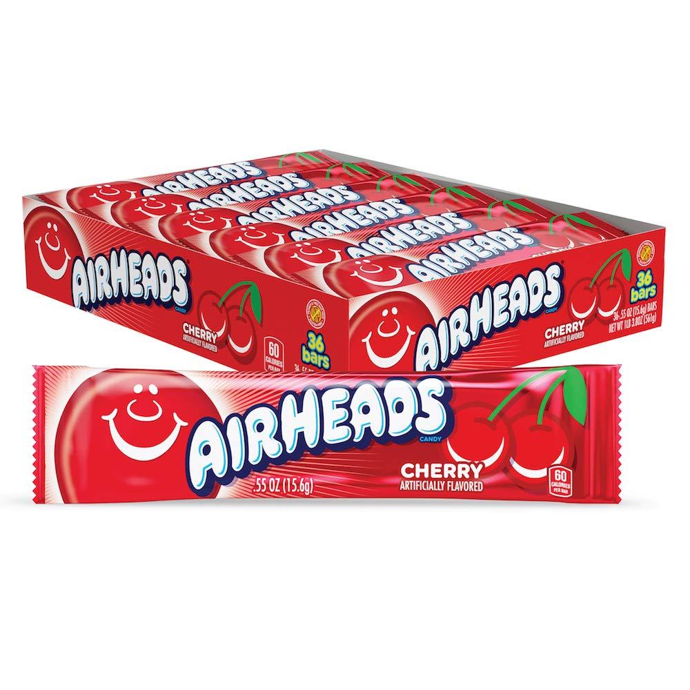 Airheads Candy, Cherry Flavor, Individually Wrapped Full Size Bars, Taffy, Non-Melting, Party, Pack of 36 Bars