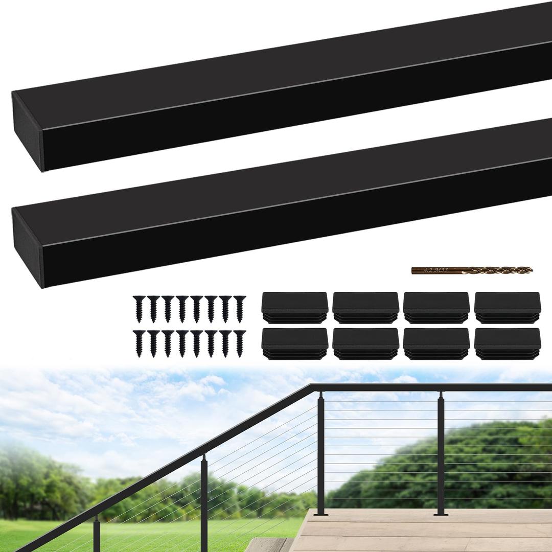 6'6" Stainless Steel Handrail Black 2Pack, Rectangular Handrail Flat Top Rail for Indoor Outdoor Deck Stair Cable Railing System, Black Handrail with 8 Nylon End Cap for Indoor Stairs