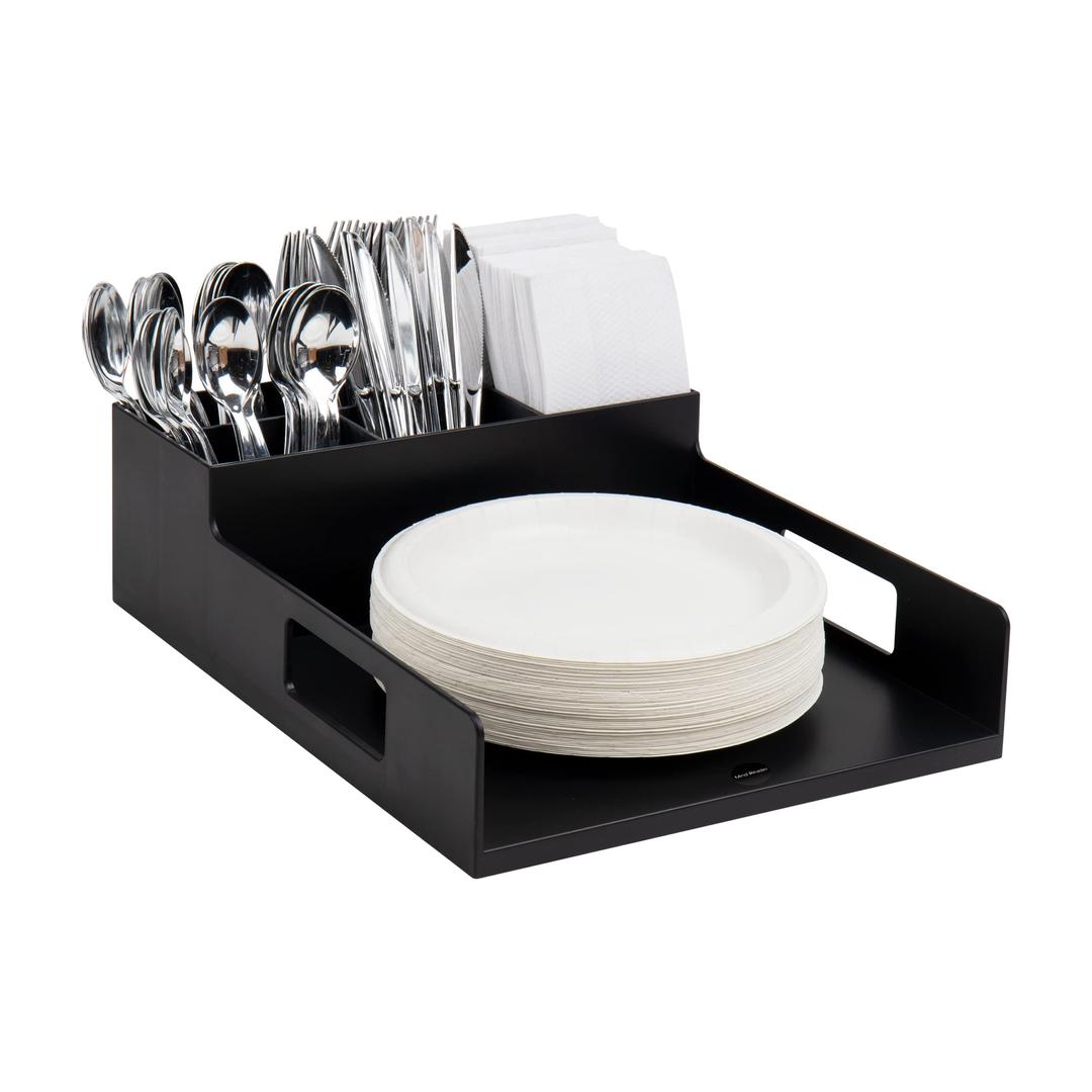 Mind Reader Anchor Collection, Utensil, Napkin and Plate Serving Tray, Breakroom, Countertop Organizer, Plastic, Black