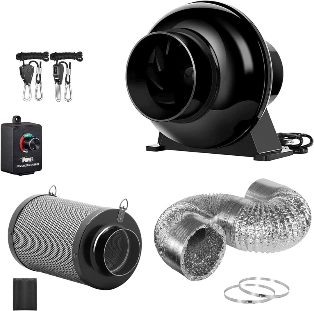 iPower 4 Inch 195 CFM Upgrade Inline Fan, Air Carbon Filter, 8 Feet Ducting Speed Controller Rope Hanger, Exhaust Blower for Grow Tent Ventilation