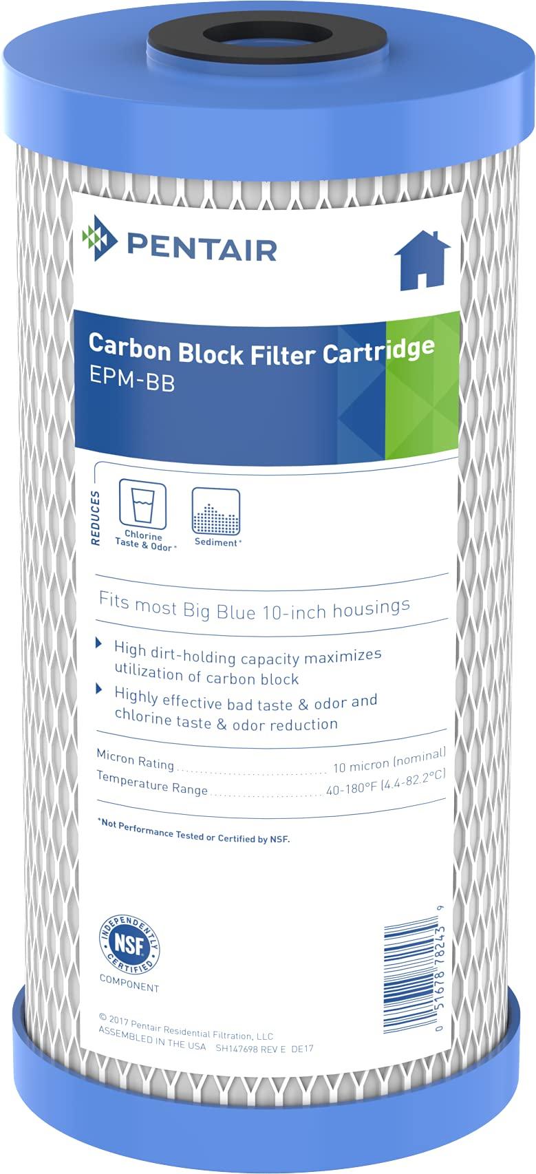 Pentair Pentek EPM-BB Big Blue Carbon Water Filter, 10-Inch, Whole House Modified Epsilon Carbon Block Replacement Cartridge with Bonded Powdered Activated Carbon (PAC) Filter, 10" x 4.5", 10 Micron