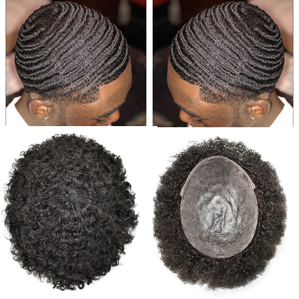 CURVE HAIR Afro Curl Mens Toupee Full Poly Skin Skin PU Injection Human Hair Replacement Systems African American THIN SKIN Man Weave Hair Unit 8X10inch (8"X10", #1B Off Black-10mm Wave Curl)