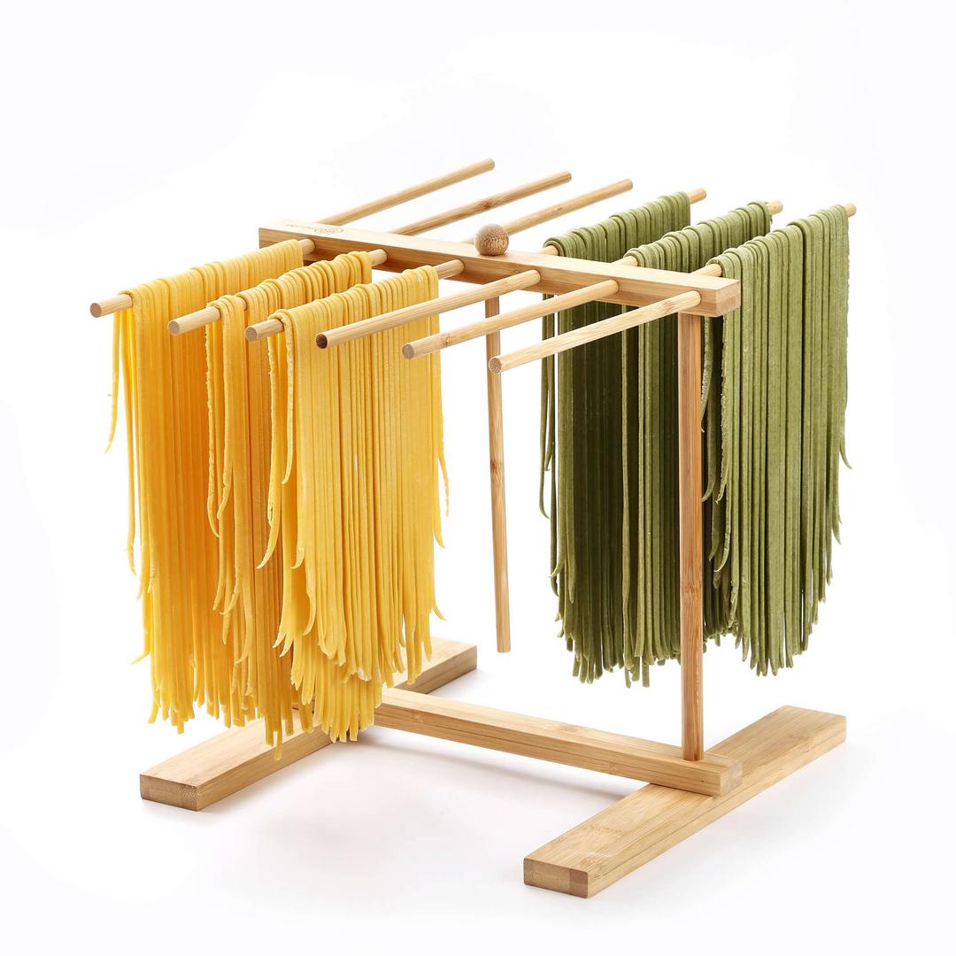 Bamboo Pasta Drying Rack with Transfer Wand and 12 Bars, Easy to Transfer for Drying Pasta and Cooking, Special Suspension Design for Large Storage