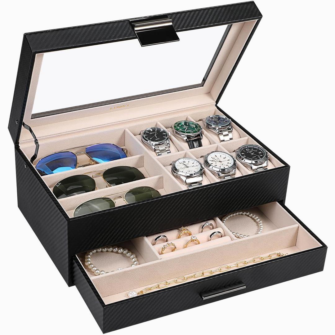 LANDICI Watch Box Organizer Jewelry Box for Men Women, 2 Layer 6 Slot PU Leather Watch Storage Case with Glass Top, Large Jewellery Display Holder for Sunglasses Necklace Earring Ring, Striped Black