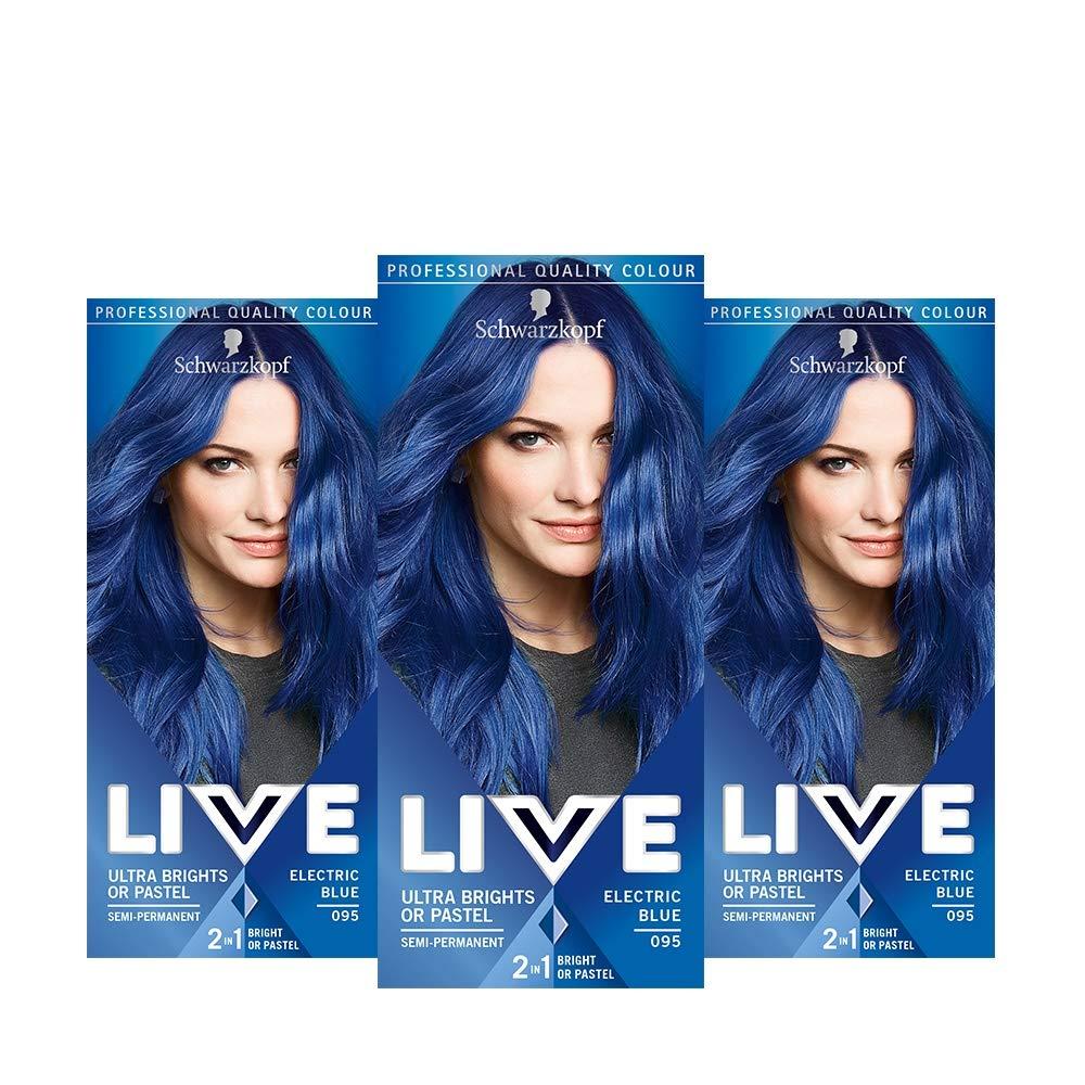 SchwarzkopfLIVE Ultra Bright or Pastel Blue Hair Dye, Pack of 3, Semi-Permanent Colour lasts up to 15 washes - 095 Electric Blue