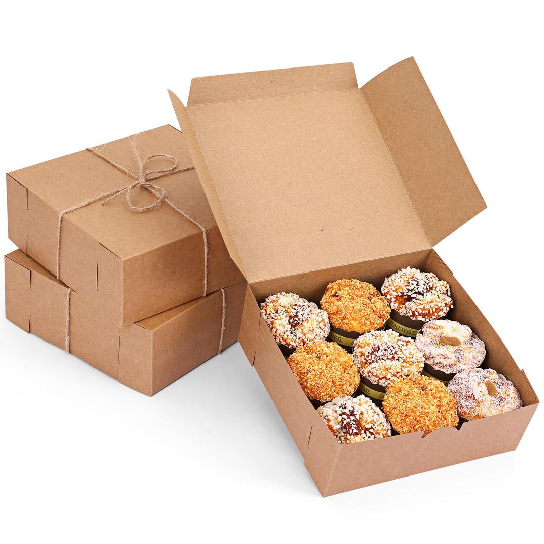 MoretoesBakery Boxes, 8x8x3 Inch Bakery Containers Brown Kraft Paper for Cupcake, Cookies and Baked Goods Set of 15