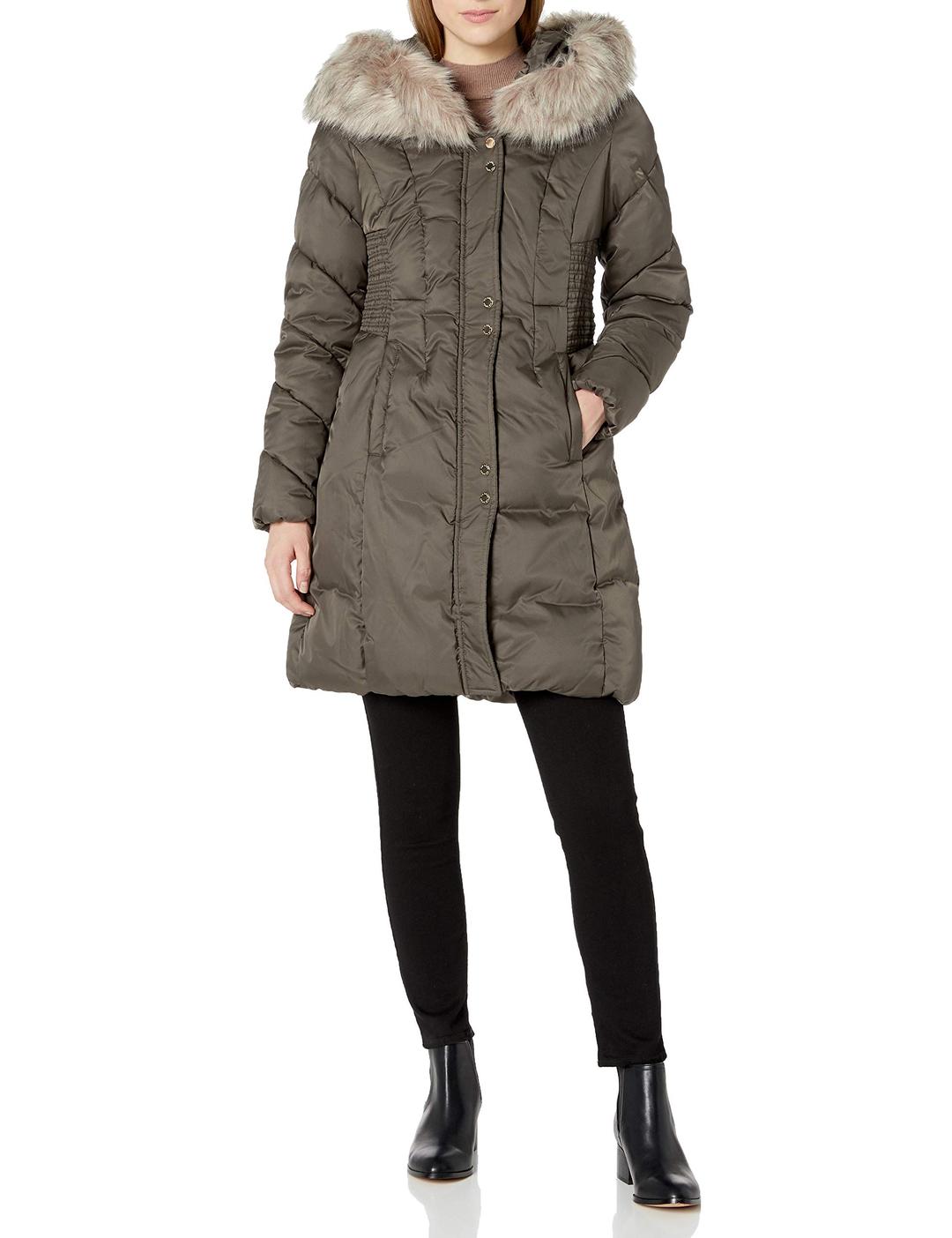 VIA SPIGA Women's Faux Fur Trimmed Hooded Cinch Waist Mid-Length Puffer Coat