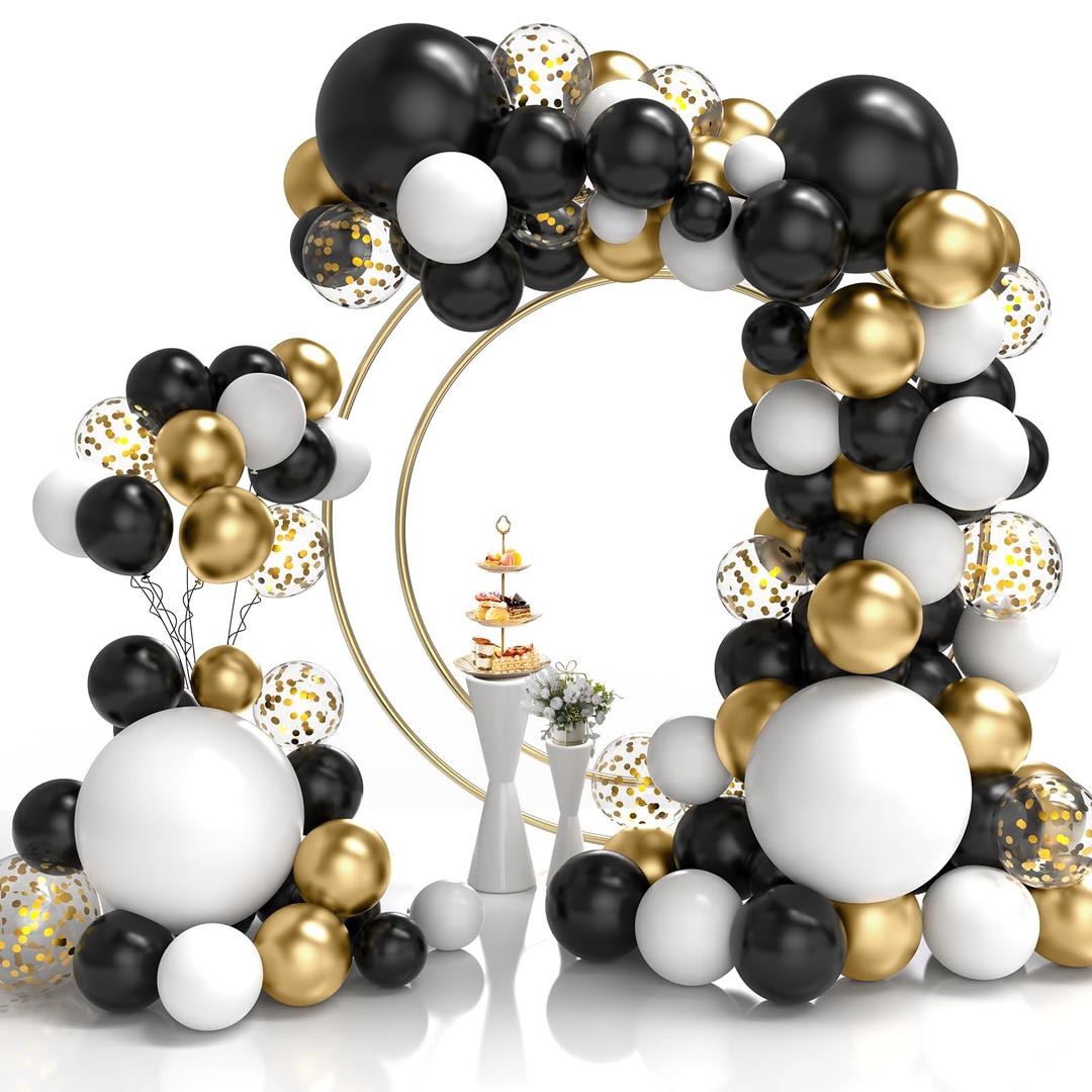 Black White Gold Balloon Garland Kit, 114Pcs Black and Gold Party Decorations, 4 Size Black Gold White Party Balloons for Black and Gold Birthday Decorations, New Year Balloons, Wedding decoration