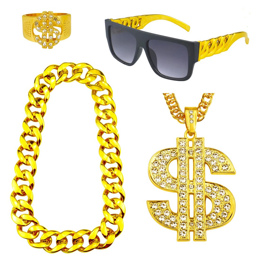 Riuziyi4 Pack 80s 90s Hip Hop Costumes Outfit, Fake Gold Chain Money Chain, Twist Leg Punk Sunglasses, Dollar Sign Finger Ring for Men Women Rapper Accessories