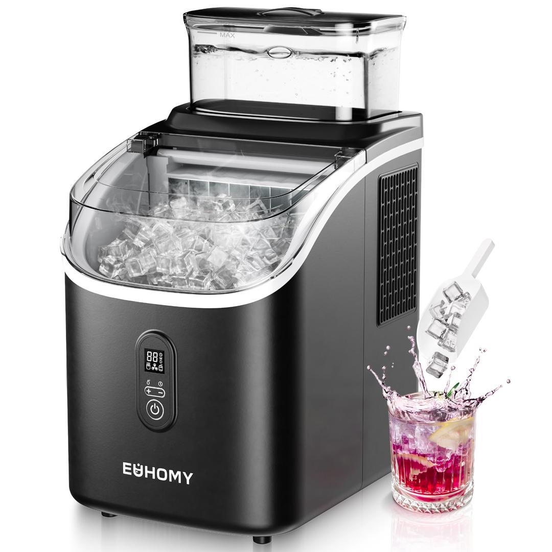 EUHOMY Ice Cube Maker Machine Countertop with External Water Tank, 34Lbs, 16Pcs Ready in 13 Mins, 2 Ways to Add Water, Auto-Cleaning, with Ice Scoop & Basket, for Home/Kitchen/Office/Bar (Black)