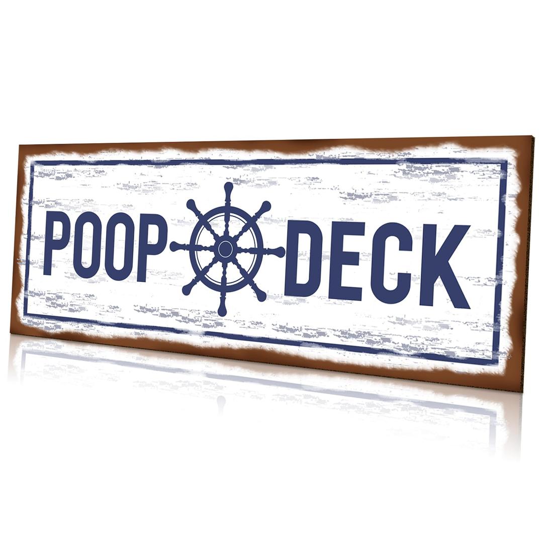 POOP DECK Sign Nautical Nursery Wall Decor Rustic Beach Bathroom Wood Sign Nautical Boat Decor Ocean Coastal Theme Decorations for Home Hanging Wood Sign for Ocean Bathroom 15.7 x 5.9 Inch (White)