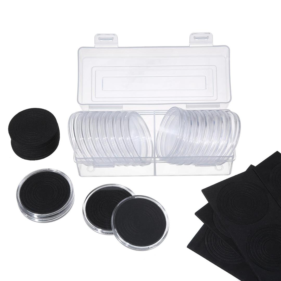 20 Pieces 46mm Coin Capsules and 8 Sizes (17/20/25/27/30/35/40/46mm) Black Protect Gasket Coin Holder Case with Plastic Storage Organizer Box for Coin Collection Supplies