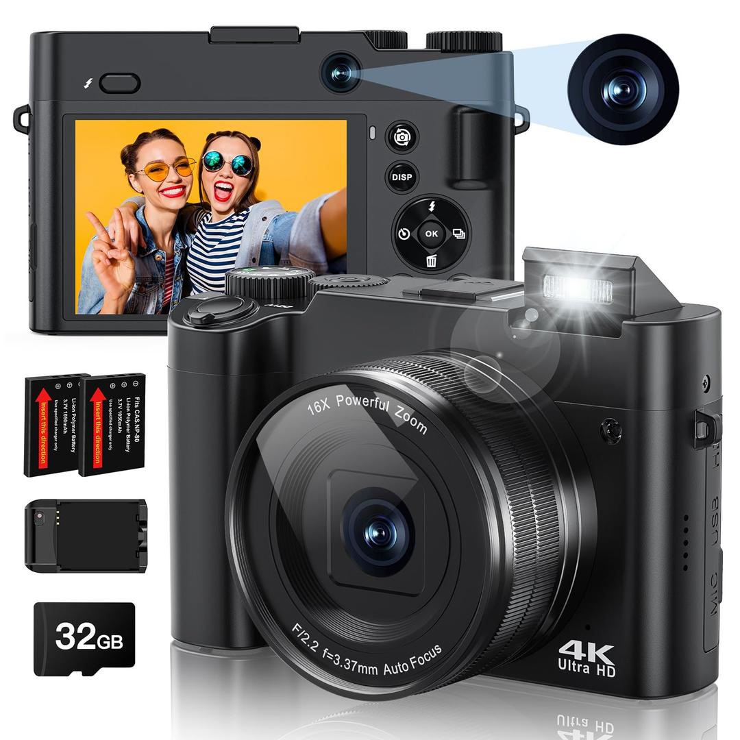 4K Digital Camera, 64MP Rear and Front Camera for Photography and Video Autofocus Anti-Shake, 3'' Selfie Flip Vlogging Camera with Ultra Bright Flash, Camera with Dial 16X Zoom (2 Batteries+Charger)