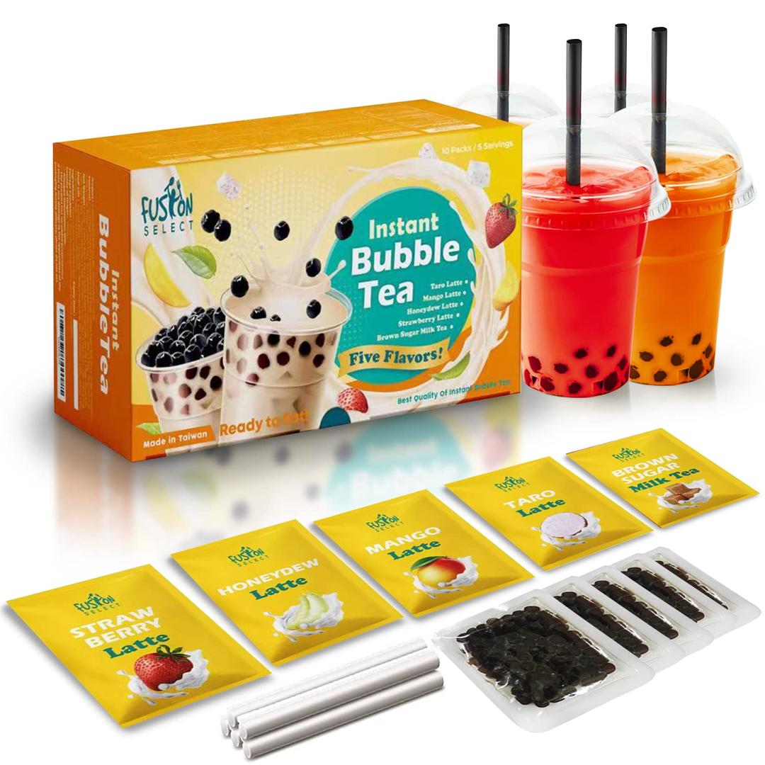 Fusion Select 5 Packs Taro, Mango, Honeydew, Strawberry Bubble Tea Kit Set With Extra Rich Tapioca Pearls, Straws