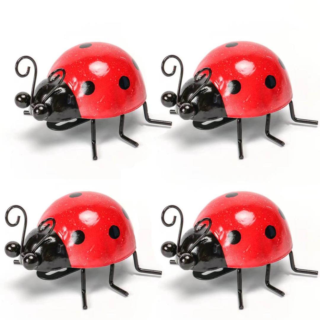 Metal Garden Decor for Outside Cute Ladybugs Yard Art Lawn Ornaments Wall Sculptures & Statues Outdoor Fence Decorations for Patio - Set of 4