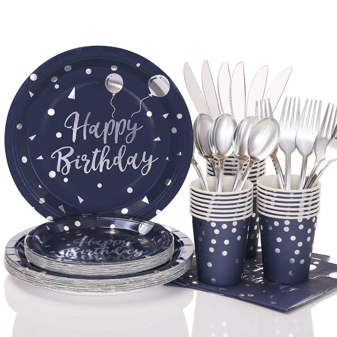 175 PCS Blue Birthday Party Decorations Blue and Silver Birthday Plates and Napkins Party Supplies for Happy Birthday Decor Serves 25 Guests