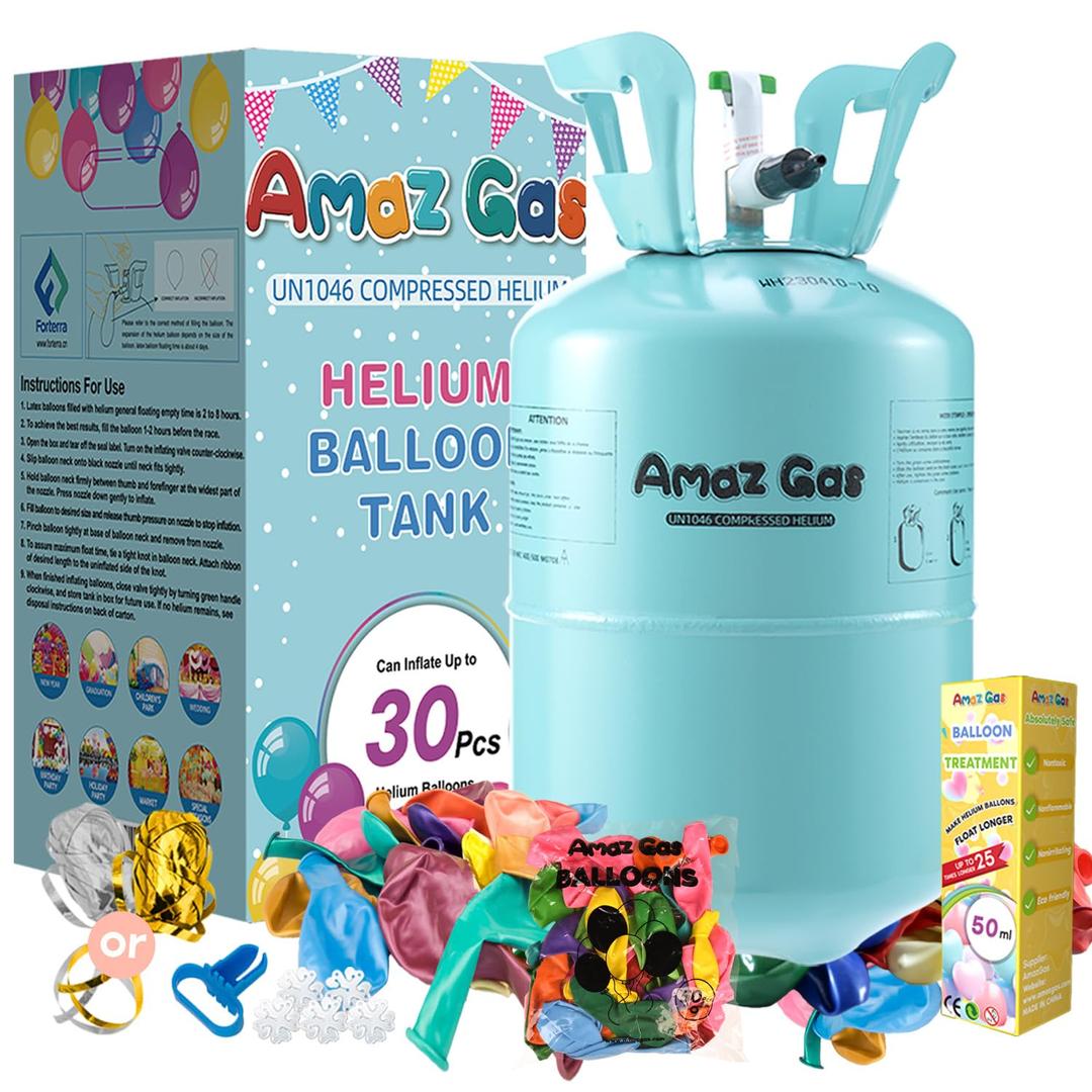 AmazGas 7L Helium Tank With 7.5 cu.ft 99.99% Pure Helium Gas Blend Kit, Helium Tank For Balloons At Home, 30 Latex Balloons And Ribbons And Balloon Sealant Included (7L, 1 Box)