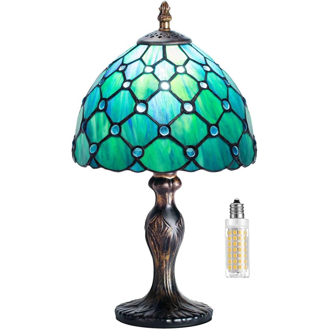 MIAOKE Tiffany Style Table Lamp, Vintage Table Lamp, Handcraft Stained Glass Lampshade, Table Lamps for Bedroom, Bedside Lamp, Study, Office (Green Bead)