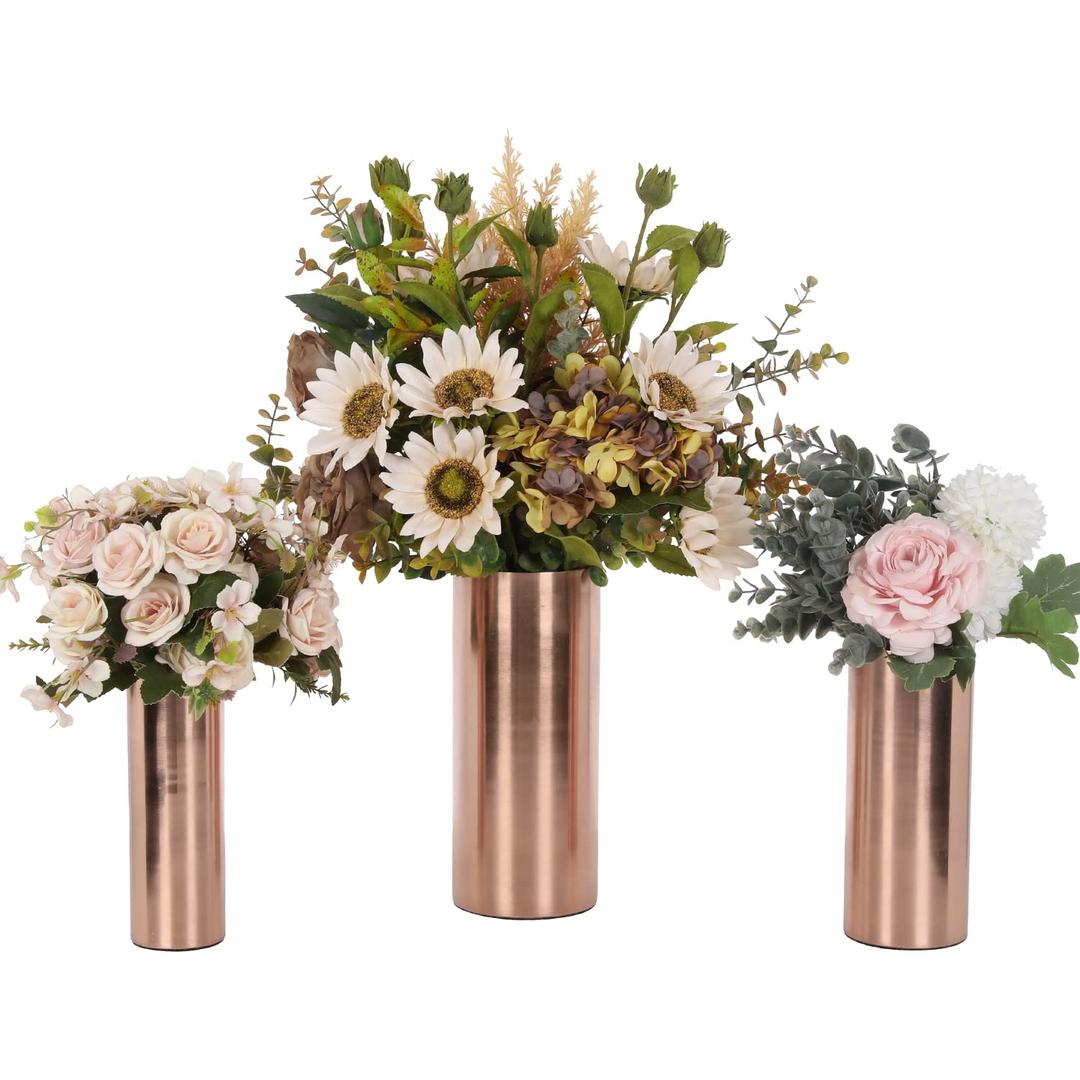 MyGift Tall Modern Copper Tone Metal Cylinder Wedding Centerpiece Flower Vases, 3 Piece Set, Larger Assorted Sizes - Made in India