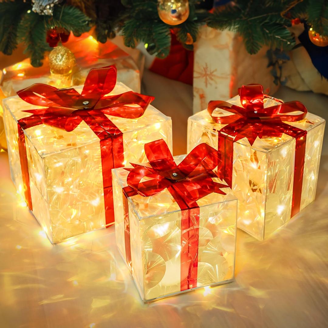 Large Christmas Lighted Present Boxes Decorations, Plug-In Transparent Warm White 76 LED Light Up Gift Boxes Outdoor Indoor for Christmas Tree Yard Home Lawn Holiday Outside Xmas Decor Set of 3