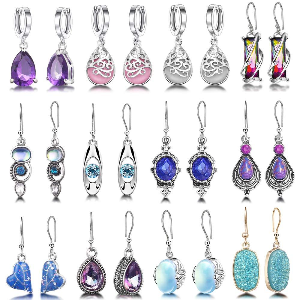 Hefanny 12 Pairs Teardrop Druse Crystal Drop Dangle Earrings for Women Cubic Zirconia Huggie Hoop Earring Jewelry Set Christmas Gifts