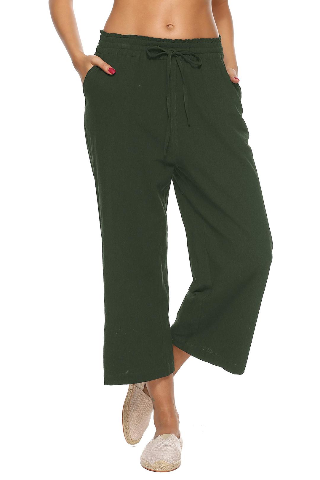 LNX Womens Linen Pants High Waisted Wide Leg Drawstring Casual Loose Trousers with Pockets