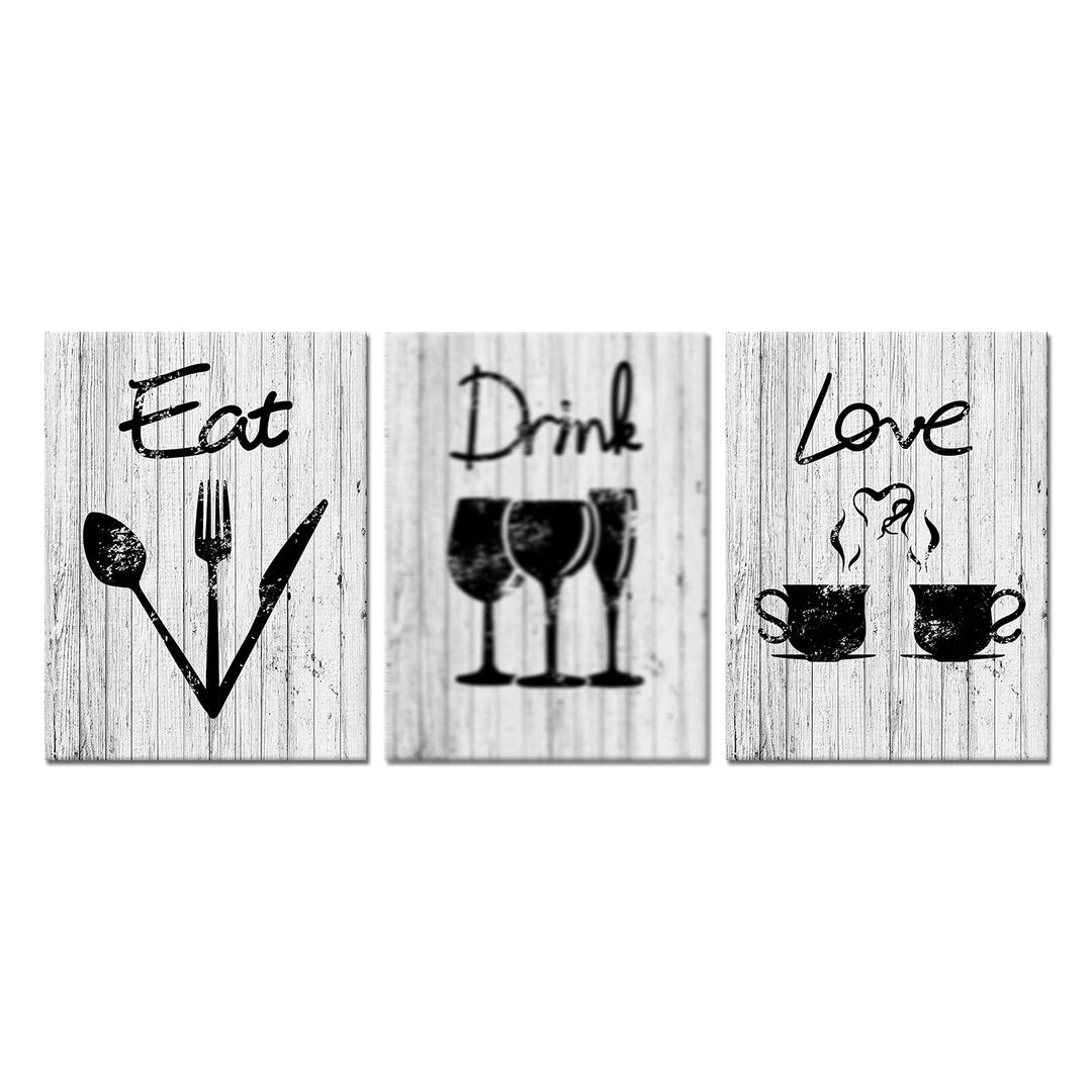 OuElegent Kitchen Canvas Wall Art Eat Love Sign Painting Pictures Rustic Wood Texture Prints Black Gray Modern Artwork for Home Restaurant Cafe Bar Wall Decor Framed Ready to Hang 12"x16"x3Pcs