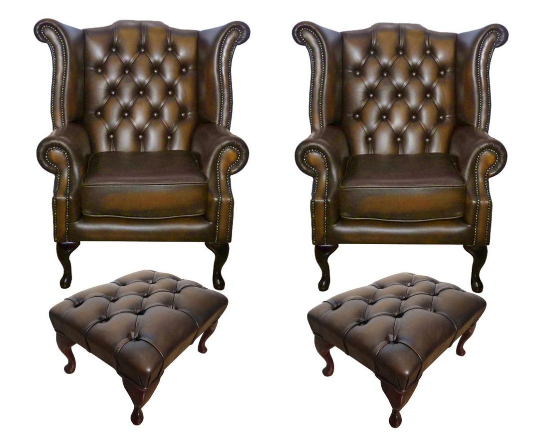 CK Chesterfield 100% Genuine Leather Queen Anne Chairs + Footstool Set (Antique Brown)