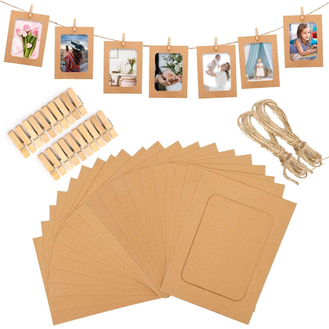 joycraft 20Pcs Paper Photo Frames, 4x6 Inch Kraft Paper Picture Frames, Hanging Photo Display Banner, DIY Clip Photo Display Holders for Home, Office, Wedding, and Party Decor