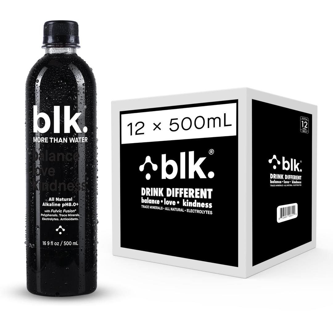 blk. Natural Mineral Alkaline Water, 16.9 oz. (500 mL), 12 Pack, 8 pH Water, Bioavailable Fulvic & Humic Acid Extract, Trace Minerals, Electrolytes to Hydrate, Repair & Restore Cells