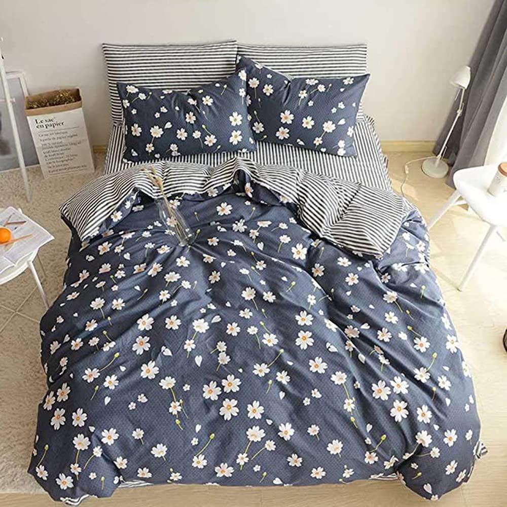 BuLuTu Twin Duvet Cover Set with Daisy Flower Pattern&Stripes Back Side Soft Duvet Cover Navy Blue Floral Comforter Cover 100% Cotton for Girls Teens,Floral Dorm Quilt Cover with Zipper&Conner Ties