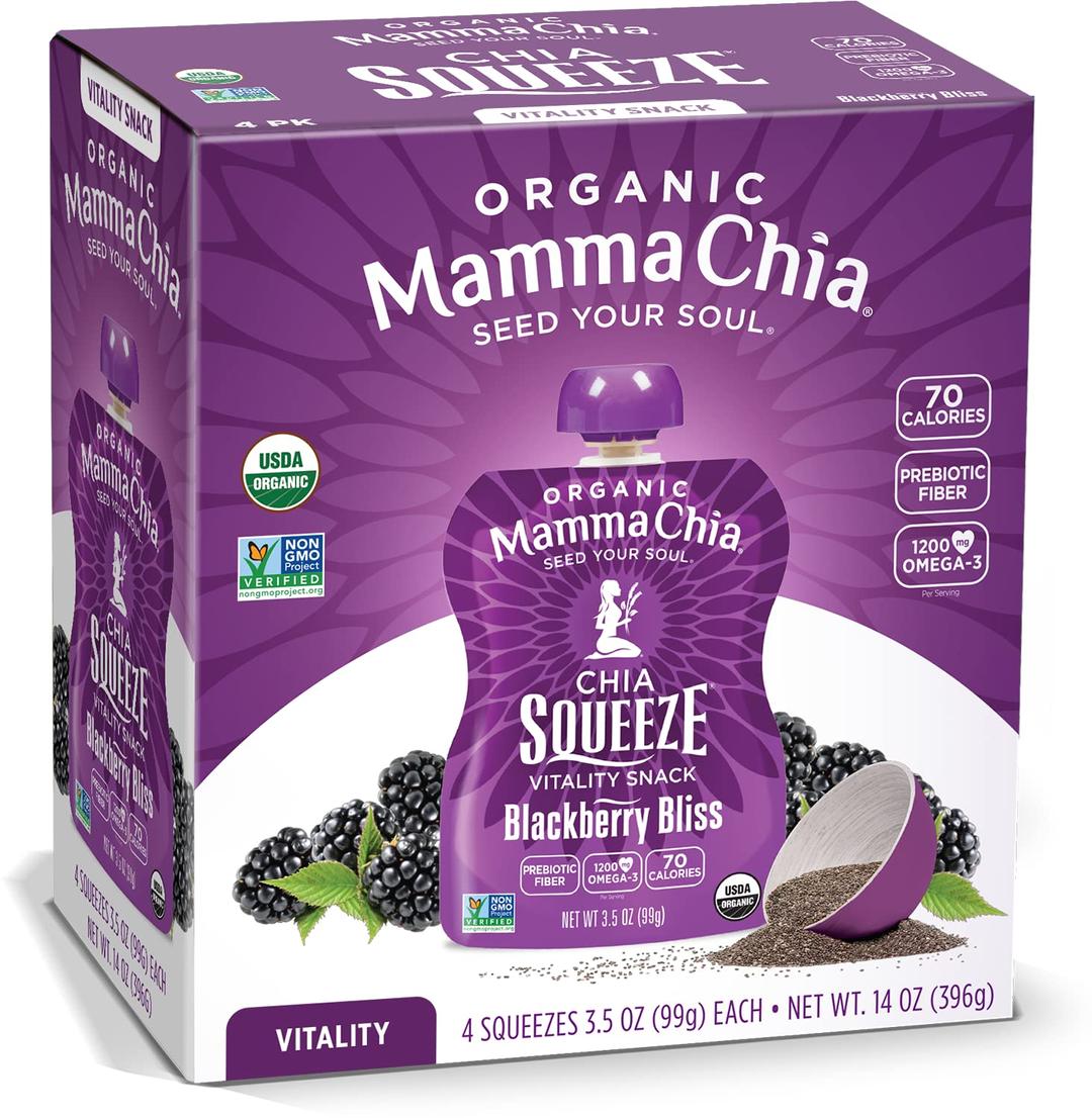 Mamma ChiaOrganic Vitality Squeeze Snack, Blackberry Bliss, 3.5 Ounce (Pack of 24) Chia Pouches. USDA Organic, Non-GMO, Vegan, Gluten Free, and Kosher. Fruit and Vegetables with only 70 Calories