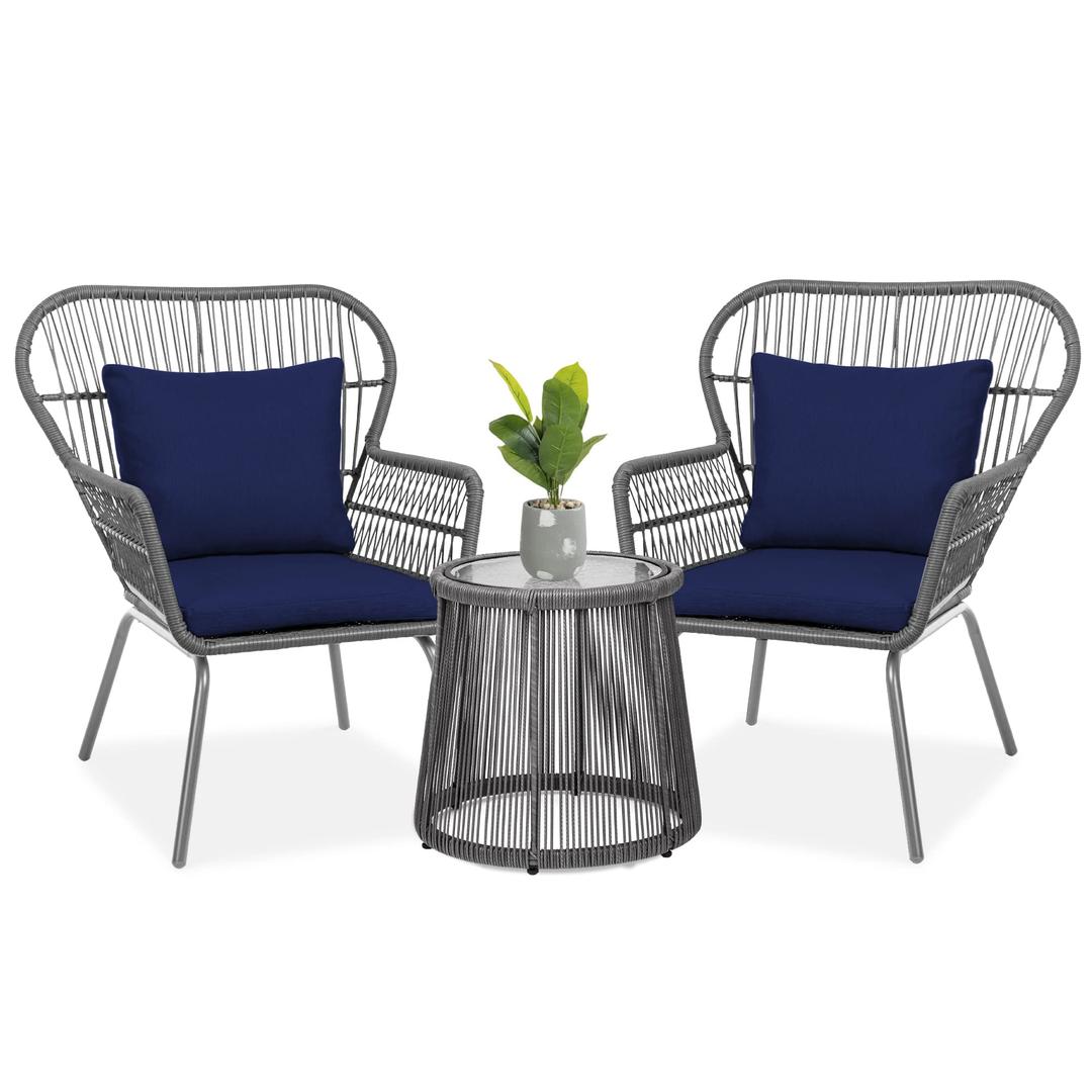 Best Choice Products 3-Piece Patio Conversation Bistro Set, Outdoor All-Weather Wicker Furniture for Porch, Backyard w/ 2 Wide Ergonomic Chairs, Cushions, Glass Top Side Table - Gray/Navy