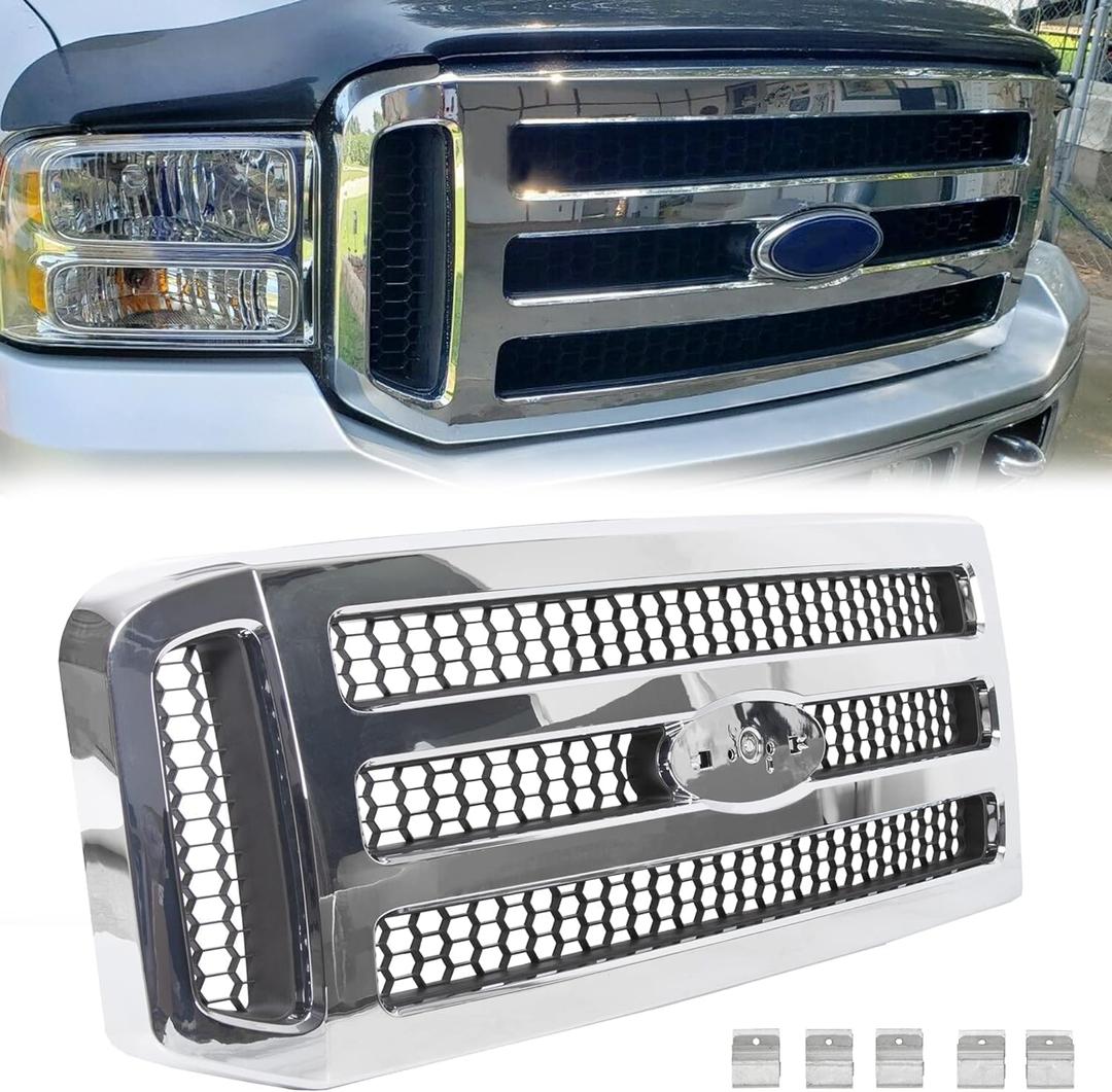 HECASA Front Grille Compatible with 2005-2007 Ford F250 F350 F450 F550 SuperDuty FO1200456 5C3Z8200BAA Upper Bumper Hood Grill W/Gray Honey Comb Chrome