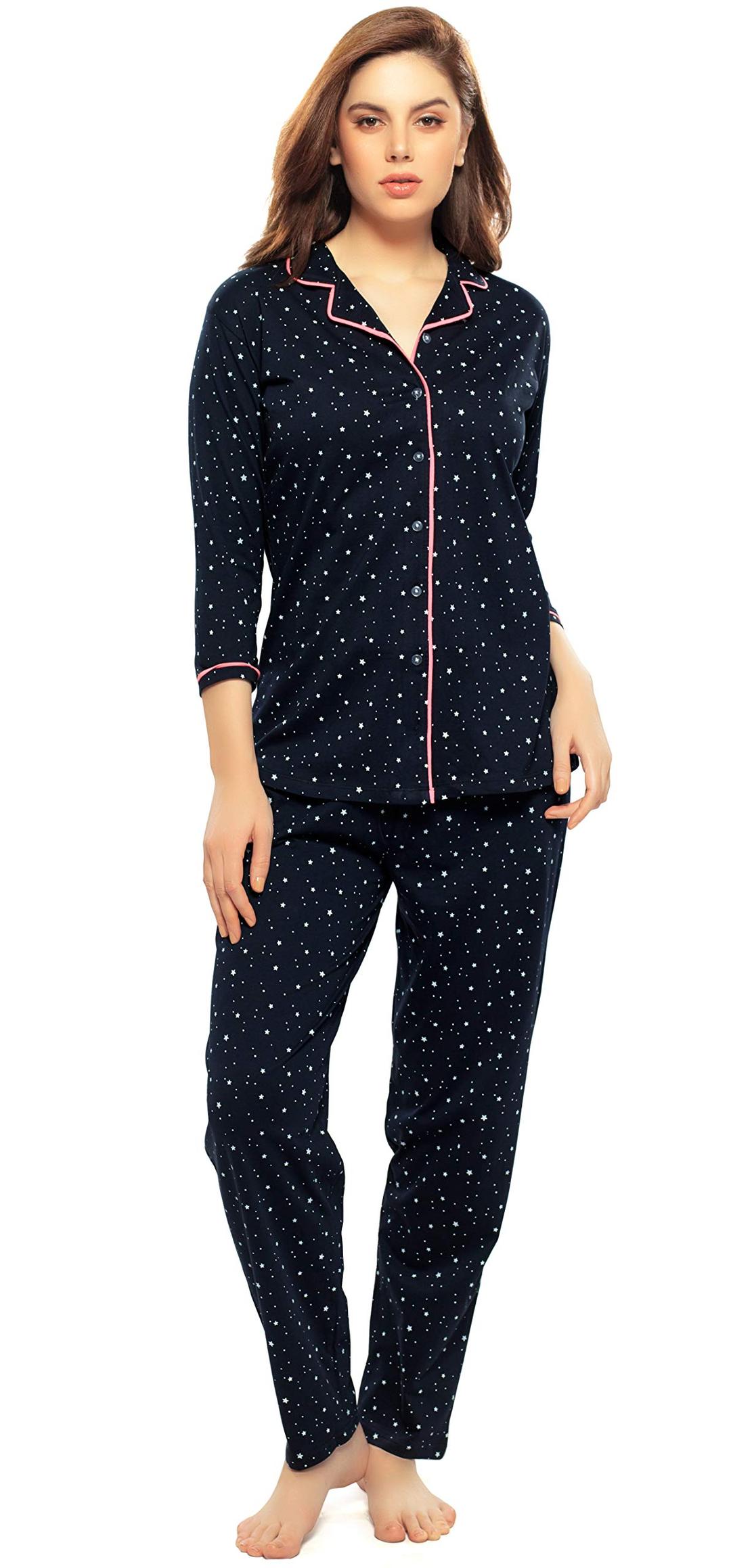 ZEYOWomen's Cotton Star & Dot Printed Night Suit Set Of Shirt & Pajama Set 5155