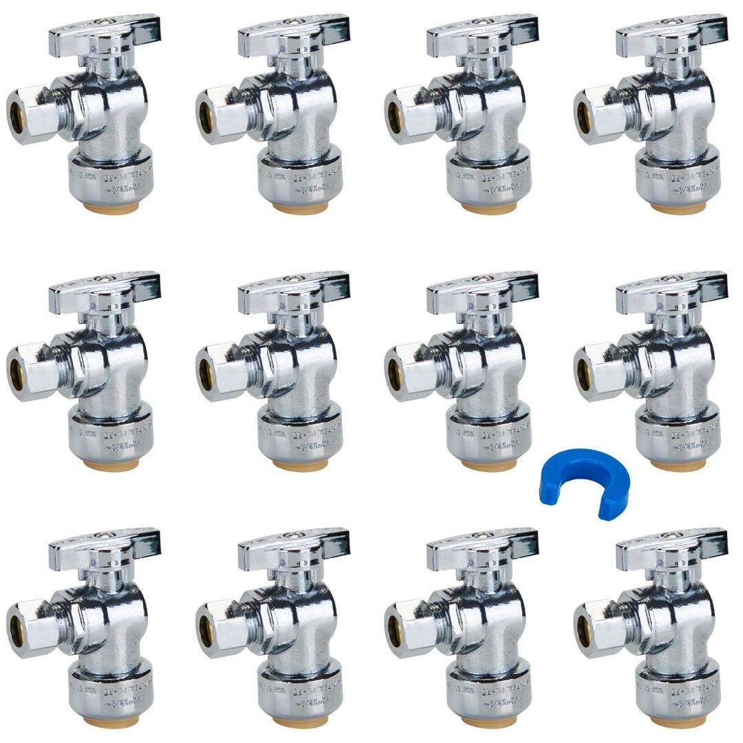 SUNGATOR 12-Pack Angle Stop Valve, Angle Water Shut Off Valve 1/2 x 3/8 Inch Compression, Toilet Water Valve, 1/4 Turn, No Lead Brass Push to Connect Plumbing Fitting, Pushfit, PEX Pipe, Copper, CPVC