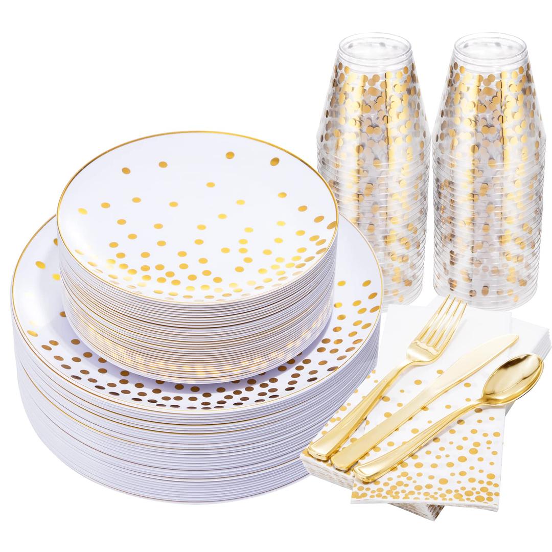 U-QE 350 PCS Gold Dinnerware Set 50 Guest-100 Gold Dot Plastic Plates-50 Gold Plastic Silverware-50 Gold Plastic Cups-50 Gold Dot Paper Napkins, Disposable Gold Plastic Plates for Party