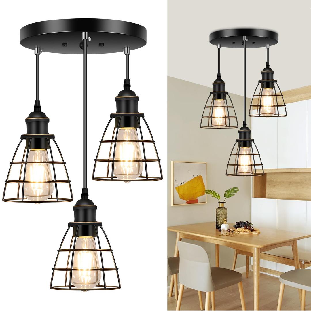 Licperron Industrial 3-Light Adjustable Kitchen Hanging Ceiling Light with Metal Cage, Black Farmhouse Pendant Lighting for Kitchen Island Dining Room Hallway, E26 Base UL List