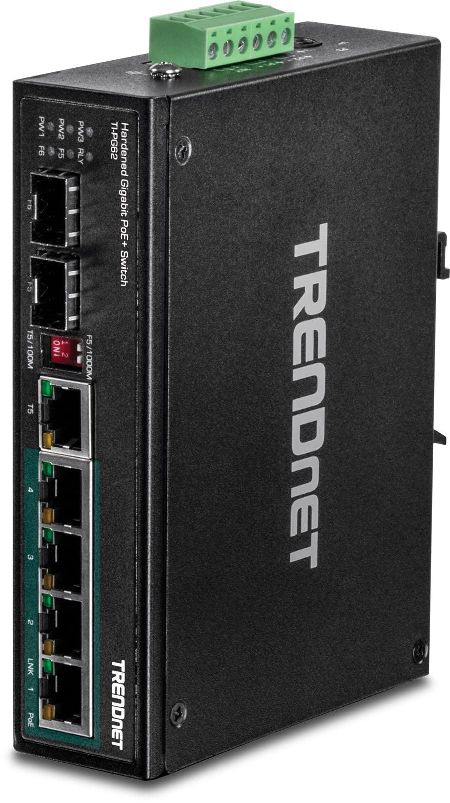 TRENDnet6-Port Hardened Industrial Gigabit PoE+ DIN-Rail Switch, 4 x Gigabit PoE+ Ports, Shared Gigabit Port (RJ-45/SFP), Dedicated SFP, 120W Power Budget, IP30, Lifetime Protection, Black, TI-PG62