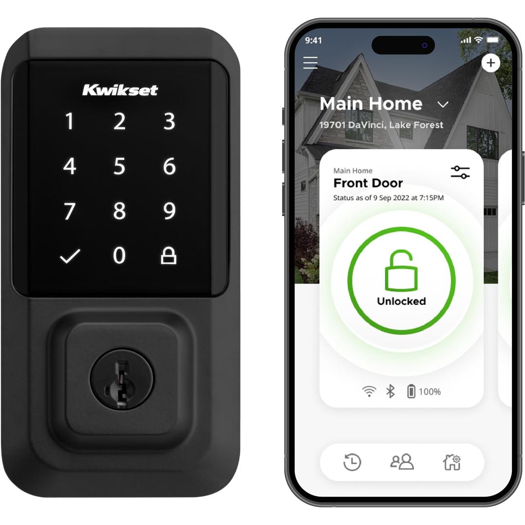 Kwikset Halo Wi-Fi Smart Lock, Keyless Entry Front Door Touchscreen Deadbolt, Matte Black Finish, Grade AAA Certified, UL Listed, Easy Install No Hub, App Control, Digital Remote Lock