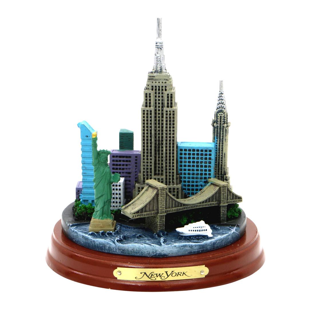 New York City Statue Model NYC Skyline Architecture, Wooden Base, (4.5 in)