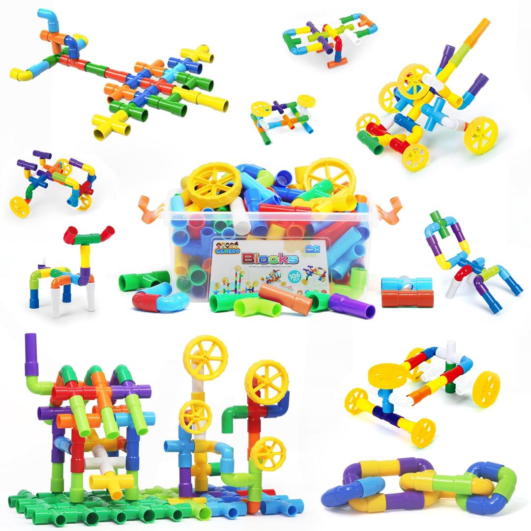 STEM Building Toy for Toddlers 106Pieces Tube Pipe Toy,Educational Preschool Game for 3+ Years,Learning Building Blocks Play with Storage Box Gift Kit,Montessori Toys for Boys & Girls