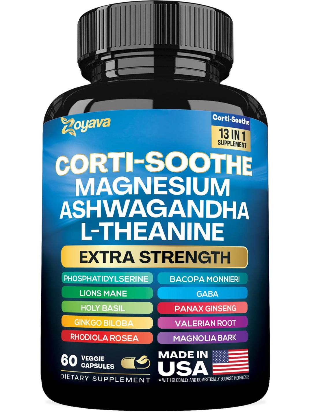 ZoyavaCorti-Soothe Cortisol Supplement Magnesium Glycinate 200mg L-Theanine 150mg Ashwagandha 150mg Phosphatidylserine Cortisol Manager Lions Mane Ginkgo Biloba Bacopa Monnieri Valerian Root 60 Caps