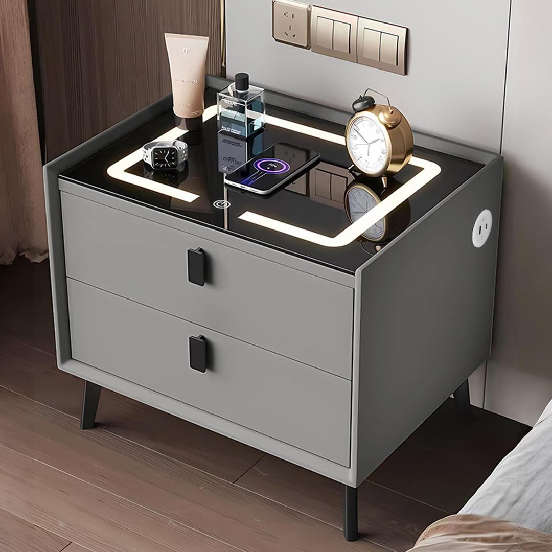 Wood Nightstand, Multifunctional Bedside Table with Adjustable LED, Smart Night Table with Wireless Charging Port & USB/Type-C, End Table with 2 Drawers for Bedroom Living Room (Gray)